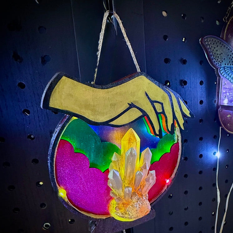 Mystical Hand & Crystal Ball w/ Crystal Cluster Hanging App Controlled Colorful USB Light