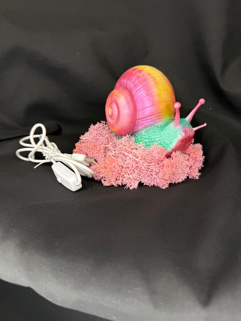 Large Whimsical Snail RGB 3DP Table Light With Moss