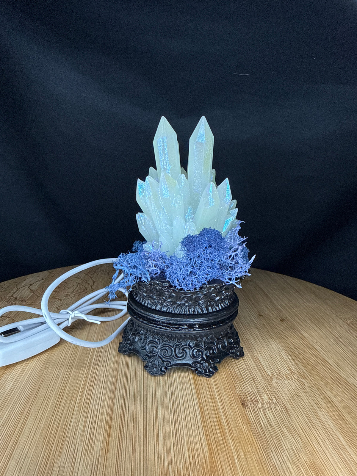 Solid Glow in the Dark 3D Printed Resin Crystal Cluster RGB LED USB Light on Tall Intricate Base