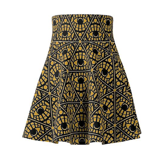 Mystic Eye Tribal Pattern Skater Skirt — Mustard Allover Print
