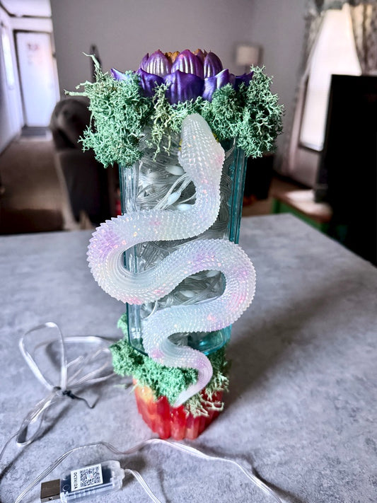 Snake & Lotus on Antique Glass Apothecary Bottle USB Light with Moss and Crystals