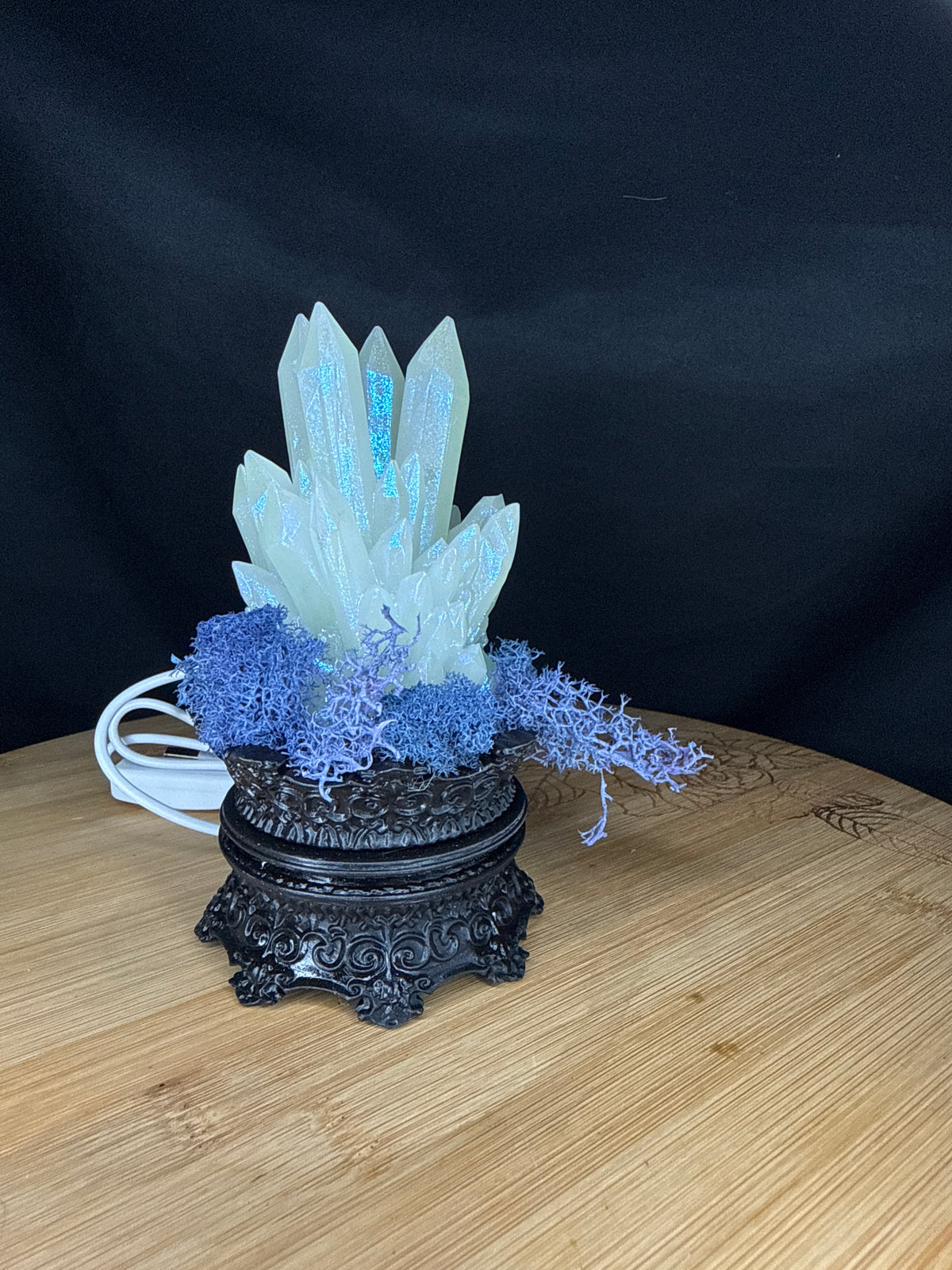 Solid Glow in the Dark 3D Printed Resin Crystal Cluster RGB LED USB Light on Tall Intricate Base
