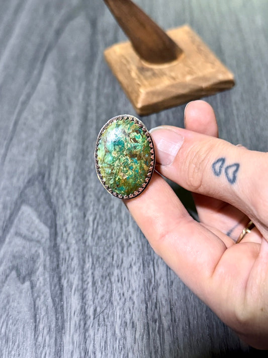 Oversized Chrysocolla Ring with Large Oval Cabochon