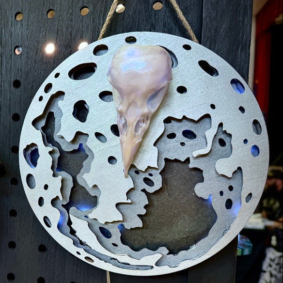 Glowing Silver Moon and Raven Skull Hanging Wall Light LED USB