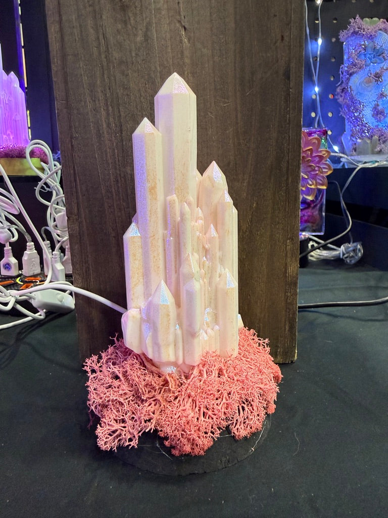 Large Resin Crystal Cluster on Mossy RGB Color Change Base