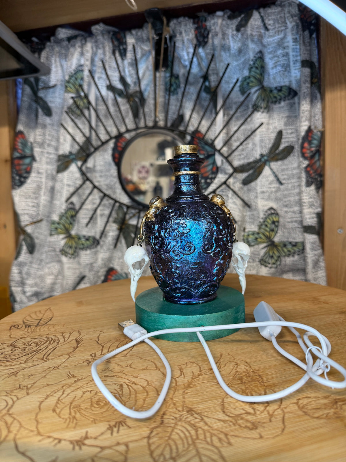 Potion Bottle Table Light w/ Bird Skulls