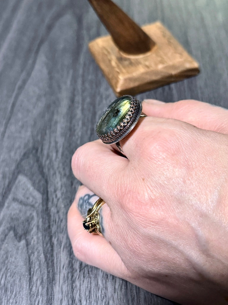 Labradorite Ring with Large Oval Cabochon