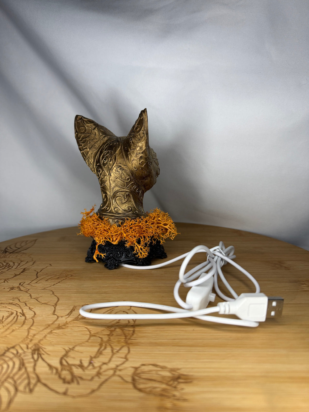 Gold Cat LED USB Light 3D Printed Resin with Orange Moss on Intricate Regal Base