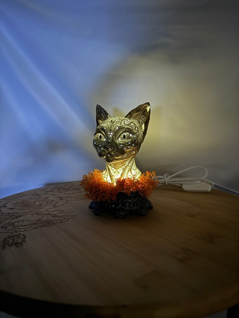 Gold Cat LED USB Light 3D Printed Resin with Orange Moss on Intricate Regal Base