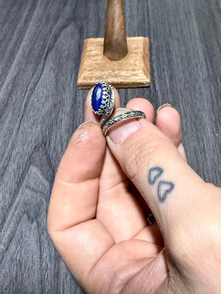 Lapis Lazuli Bypass Ring with Intricate Band