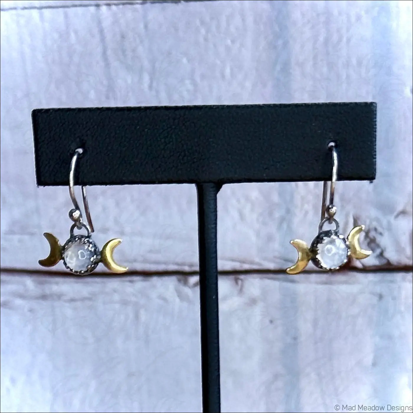 6mm Rainbow Moonstone Triple Moon Sterling Silver and Brass Earrings - Jewelry