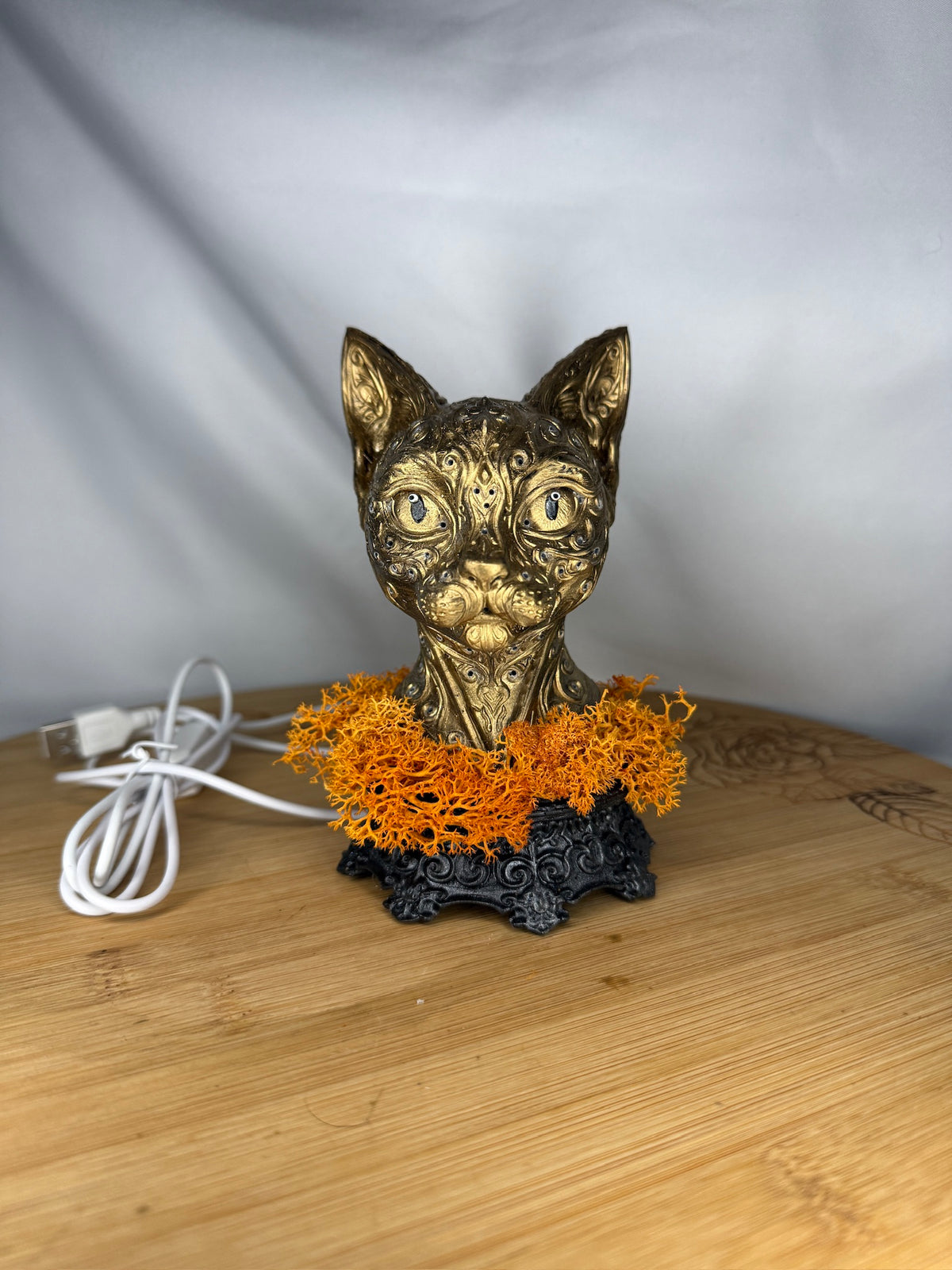 Gold Cat LED USB Light 3D Printed Resin with Orange Moss on Intricate Regal Base
