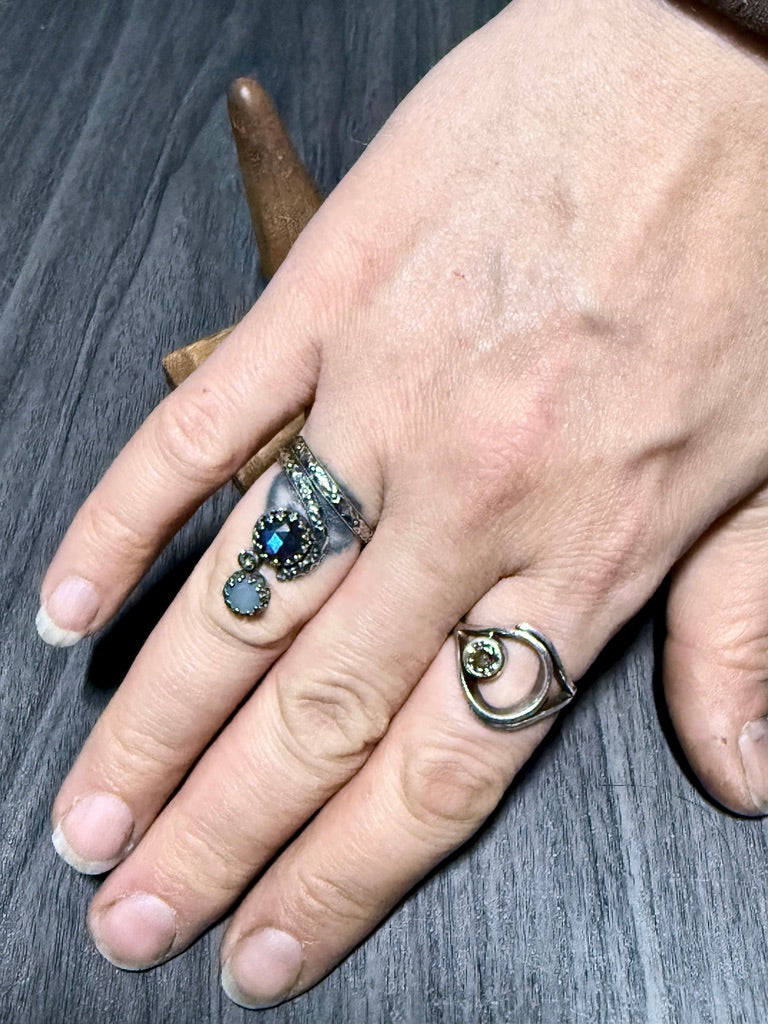 Articulated Labradorite & Chalcedony Bypass Ring with Intricate Band