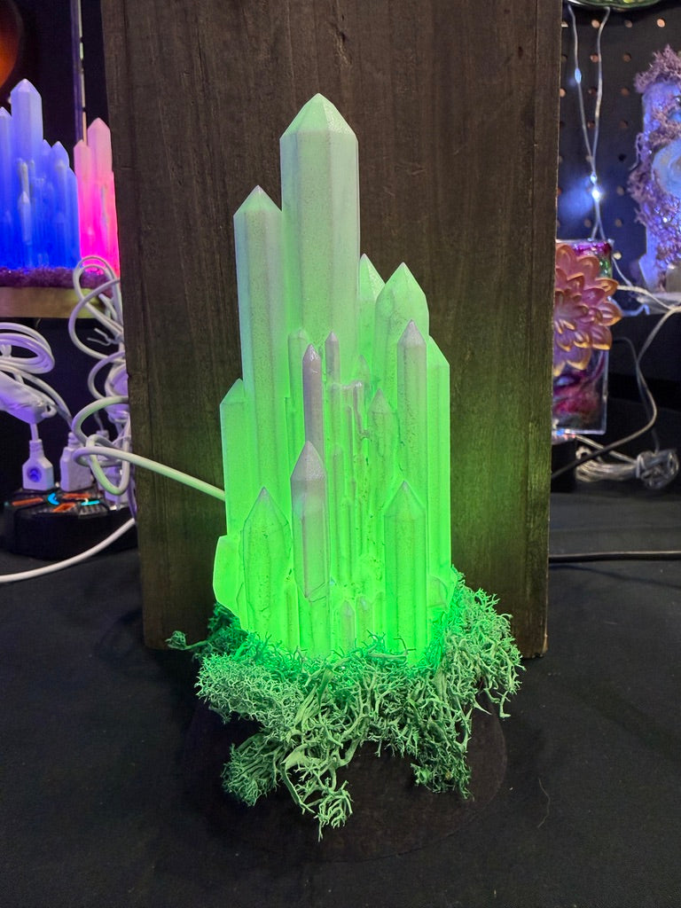 Large Resin Crystal Cluster on Mossy RGB Color Change Base