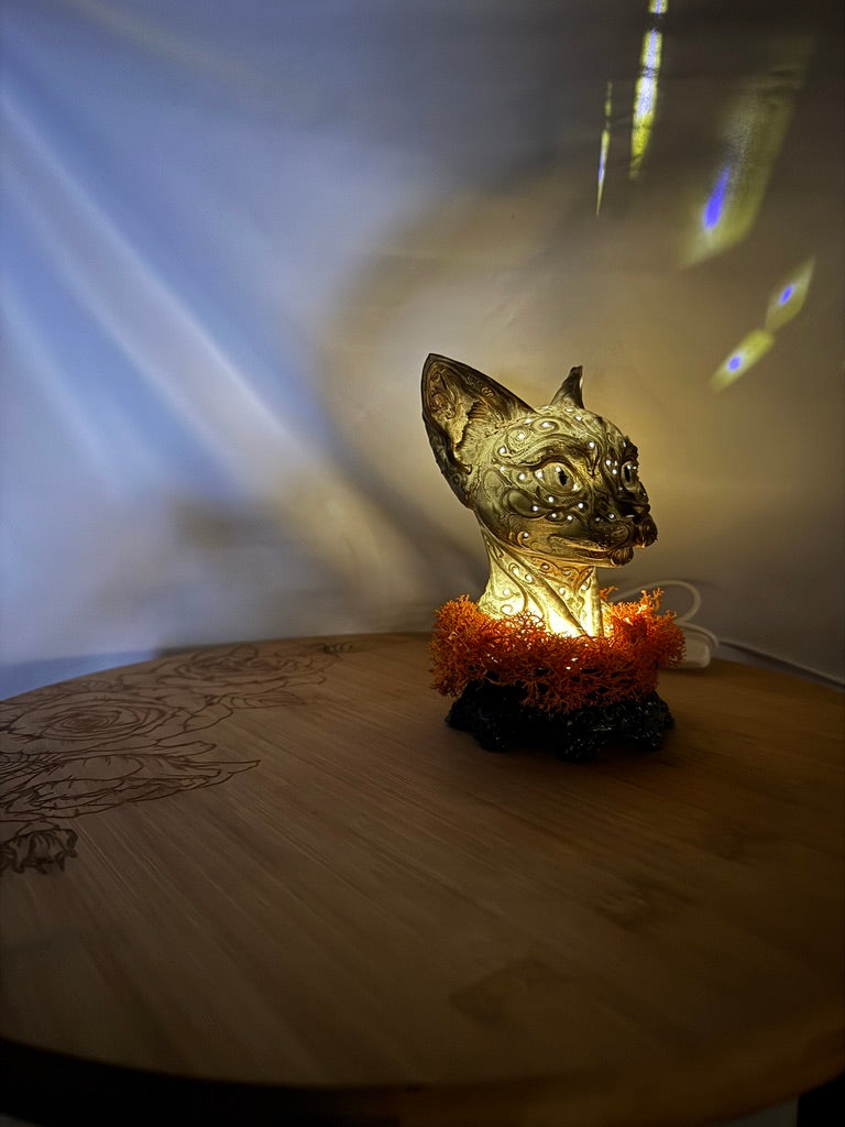 Gold Cat LED USB Light 3D Printed Resin with Orange Moss on Intricate Regal Base