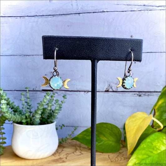 8mm Aqua Chalcedony Triple Moon Sterling Silver and Brass Earrings - Jewelry