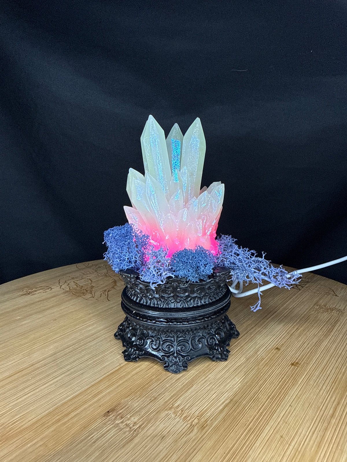 Solid Glow in the Dark 3D Printed Resin Crystal Cluster RGB LED USB Light on Tall Intricate Base