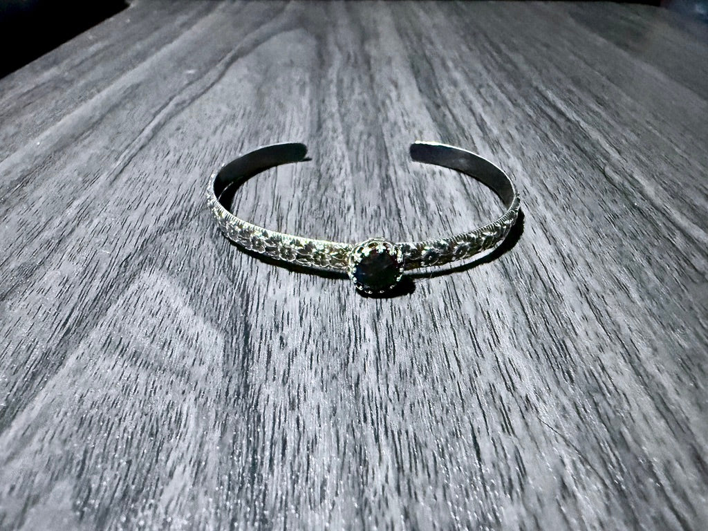 Sterling Silver Cuff Bracelet with Labradorite Round Rose Cut Stone