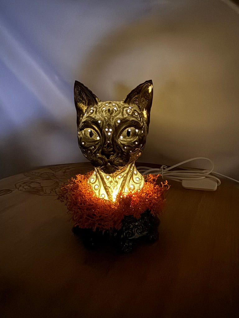 Gold Cat LED USB Light 3D Printed Resin with Orange Moss on Intricate Regal Base