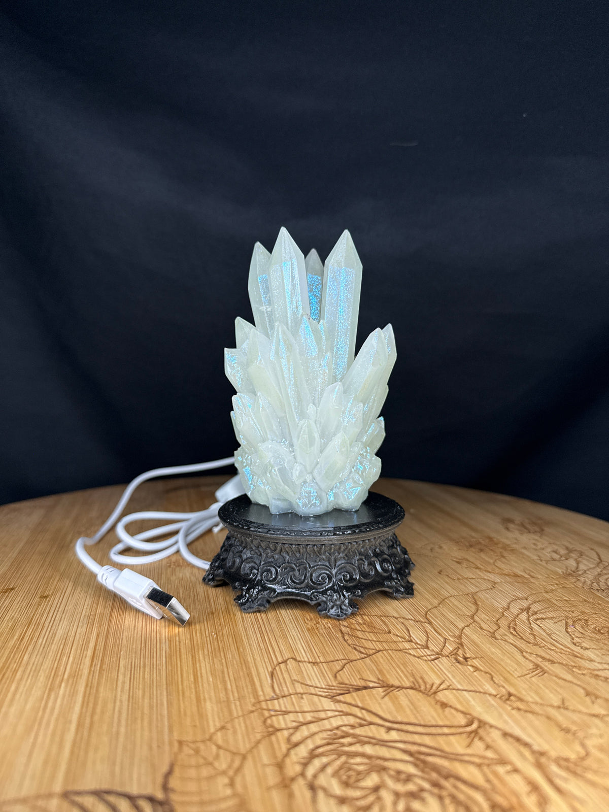 Glow in the Dark 3D Printed Resin Crystal Cluster RGB LED USB Light on Intricate Base