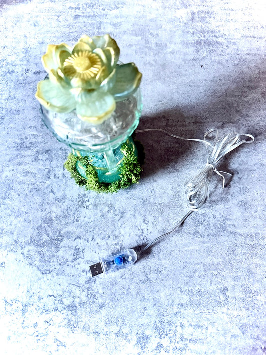 Mint Green & Gold Lotus & Vintage Glass Bottle with Moss and White Lights USB Lamp