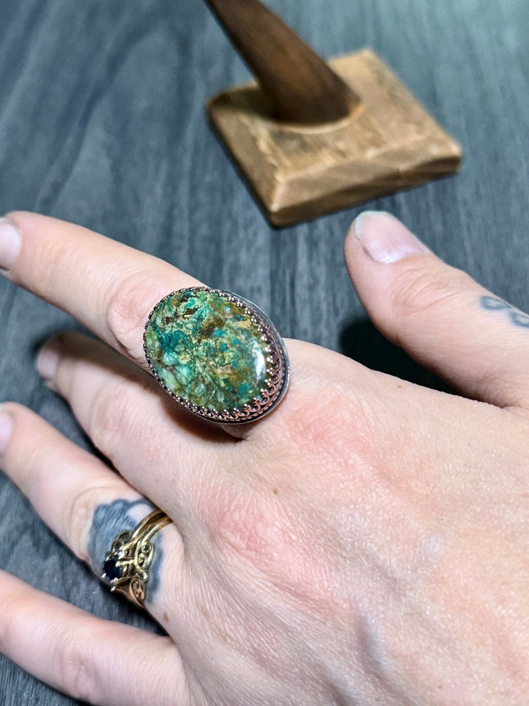 Oversized Chrysocolla Ring with Large Oval Cabochon