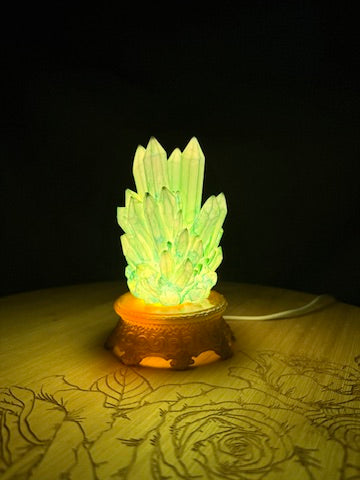 Green Crystal Cluster RGB LED USB Light Hand Inked 3D Printed Resin on Intricate Base