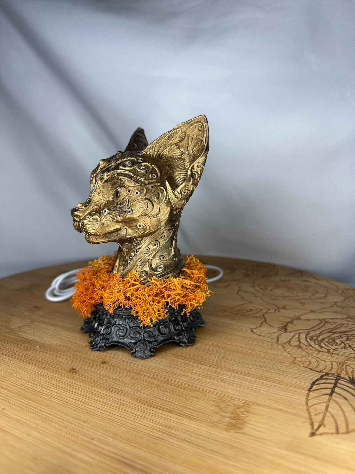 Gold Cat LED USB Light 3D Printed Resin with Orange Moss on Intricate Regal Base