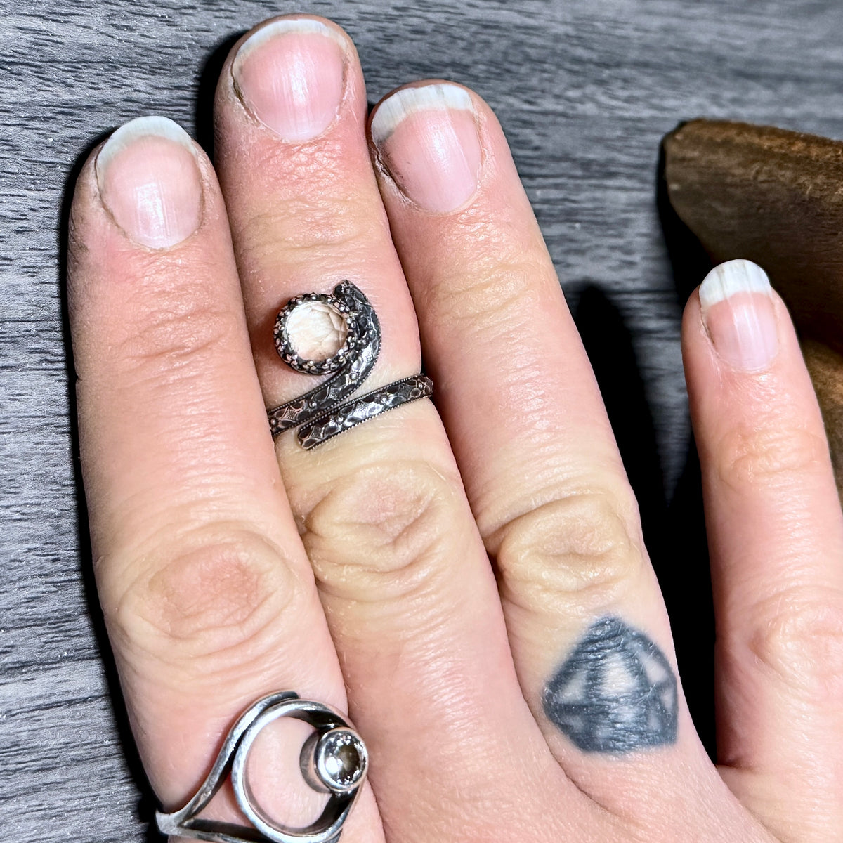 Clear Quartz Bypass Ring with Intricate Band