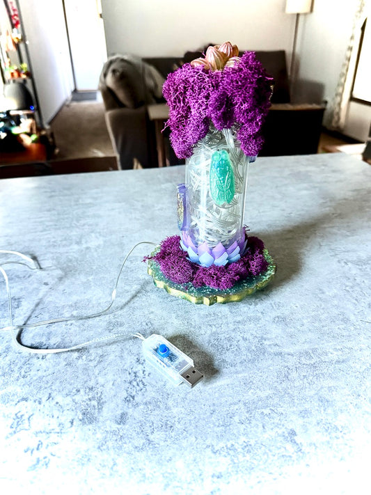 Resin Cicadas with Plants & Moss Vintage Glass Bottle White USB Light