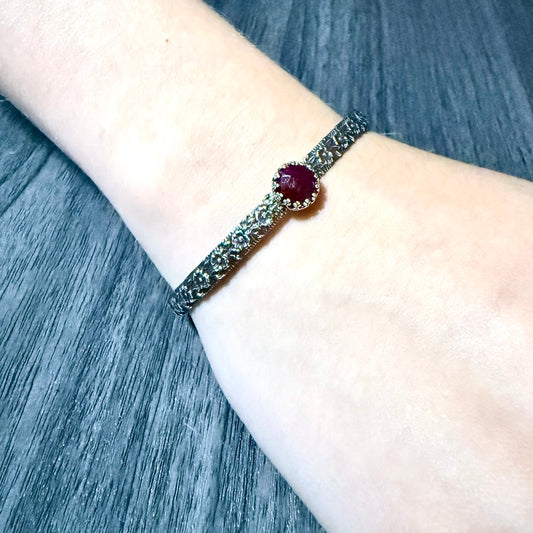 Sterling Silver Cuff Bracelet with Ruby Red Round Rose Cut Stone