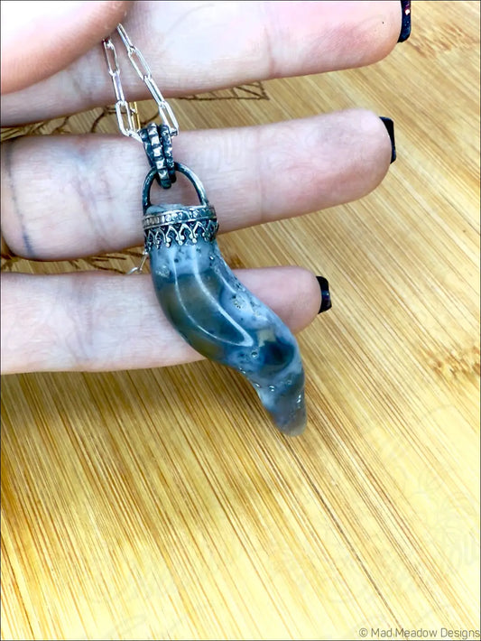 Agatized Coral Tentacle Pendant on 18’’ Sterling Silver Cable Chain Necklace - Jewelry