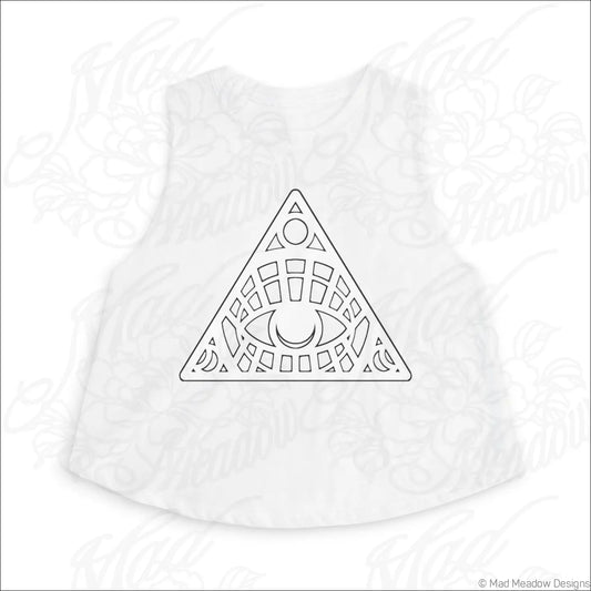 White sleeveless crop top with black eye triangle design made of soft combed ring-spun cotton for women