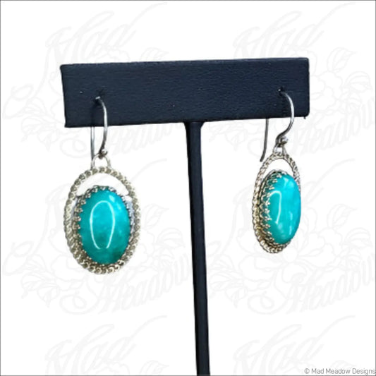 Amazonite Sterling Silver Halo Dangle Earrings with Turquoise and Silver Design
