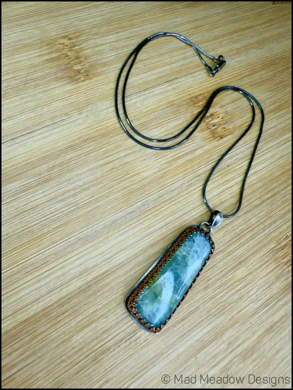 Aquamarine Beryl Rectangular Sterling Silver Pendant with Copper Bezel on 18’’ Sterling Silver Snake Chain - Jewelry