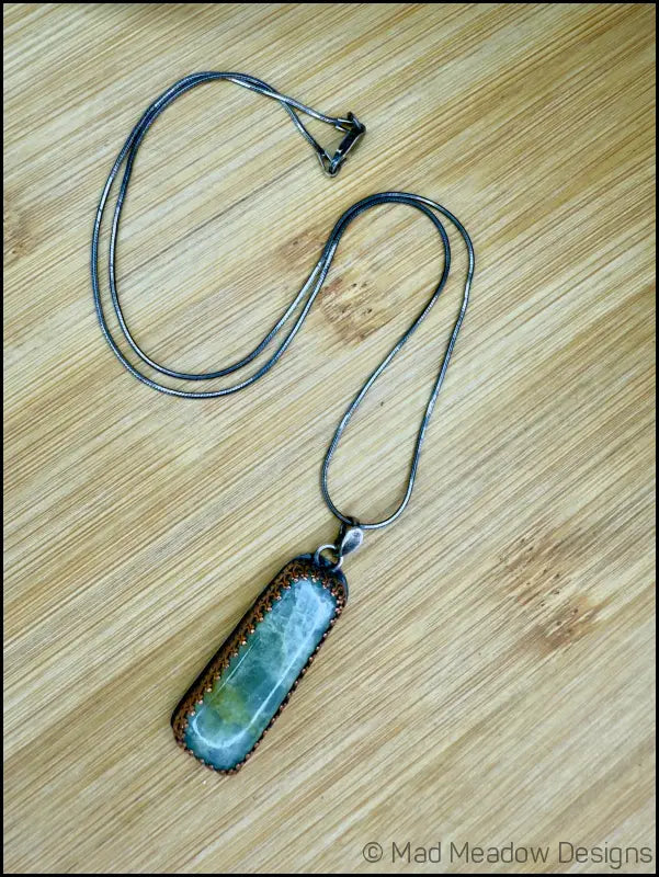 Aquamarine Beryl Rectangular Sterling Silver Pendant with Copper Bezel on 18’’ Sterling Silver Snake Chain - Jewelry