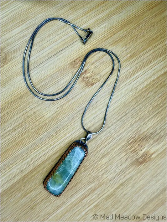 Aquamarine Beryl Rectangular Sterling Silver Pendant with Copper Bezel on 18’’ Sterling Silver Snake Chain - Jewelry