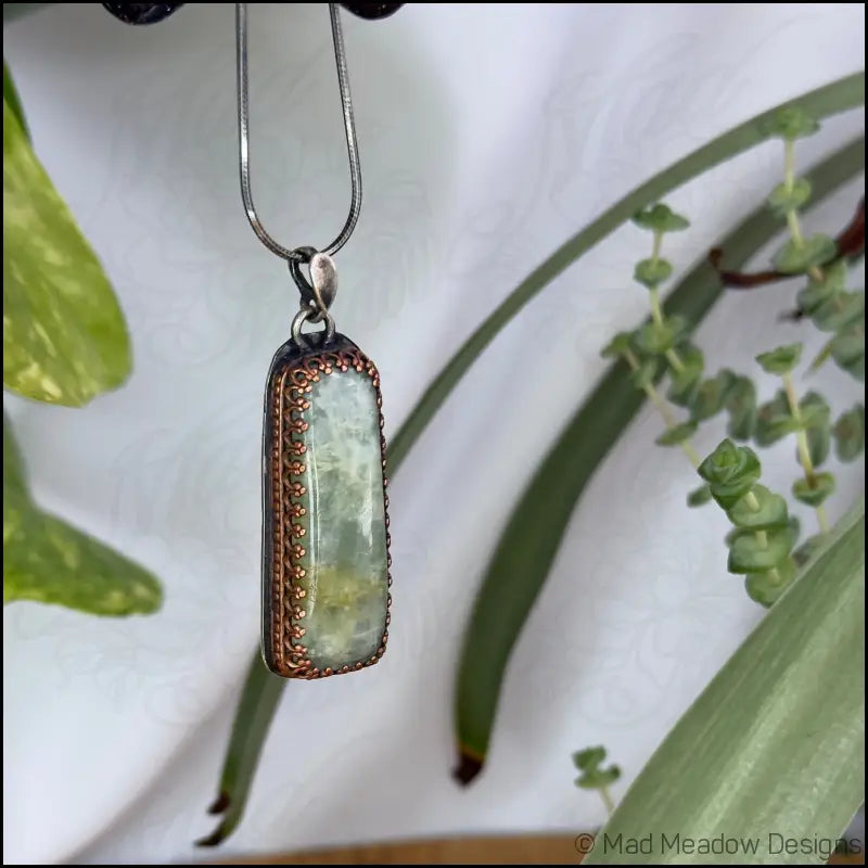 Aquamarine Beryl Rectangular Sterling Silver Pendant with Copper Bezel on 18’’ Sterling Silver Snake Chain - Jewelry
