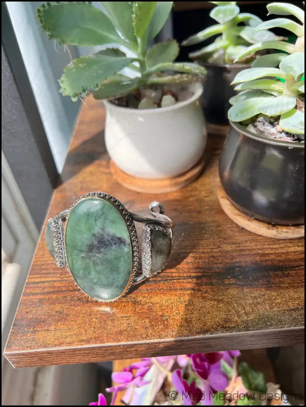 Serpentine and Labradorite Bold Witchy Sterling Silver and Brass Statement Cuff Bracelet - Jewelry