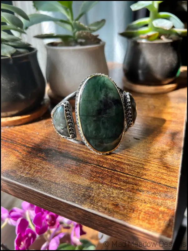 Serpentine and Labradorite Bold Witchy Sterling Silver and Brass Statement Cuff Bracelet - Jewelry