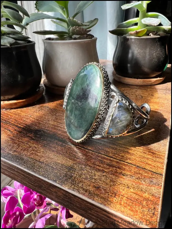 Serpentine and Labradorite Bold Witchy Sterling Silver and Brass Statement Cuff Bracelet - Jewelry