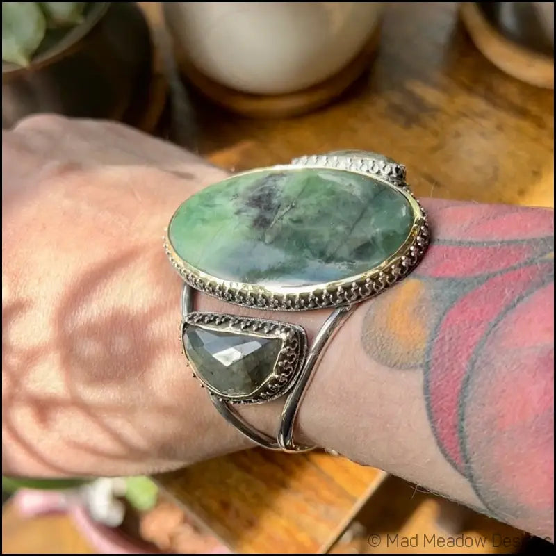 Serpentine and Labradorite Bold Witchy Sterling Silver and Brass Statement Cuff Bracelet - Jewelry