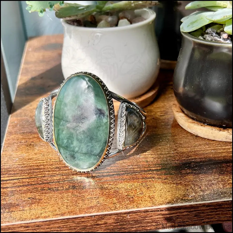Serpentine and Labradorite Bold Witchy Sterling Silver and Brass Statement Cuff Bracelet - Jewelry