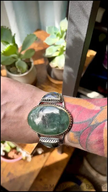 Serpentine and Labradorite Bold Witchy Sterling Silver and Brass Statement Cuff Bracelet - Jewelry