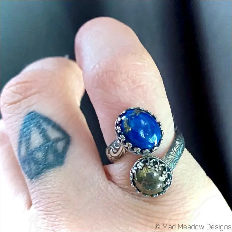 Double Gemstone Bypass Ring with Chrysocolla Pyrite and Lapis Lazuli - Jewelry