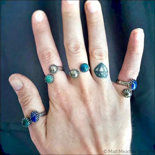 Double Gemstone Bypass Ring with Chrysocolla Pyrite and Lapis Lazuli - Jewelry