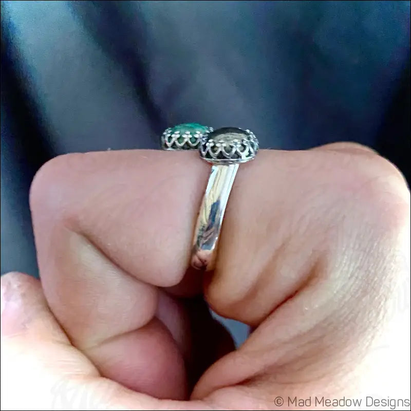 Double Gemstone Bypass Ring with Chrysocolla Pyrite and Lapis Lazuli - Jewelry