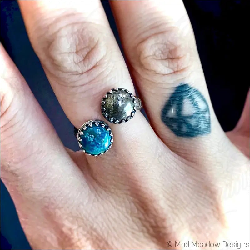 Double Gemstone Bypass Ring with Chrysocolla Pyrite and Lapis Lazuli - Jewelry