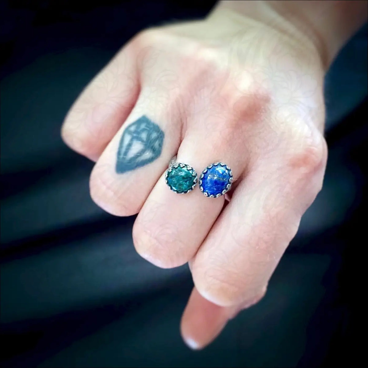 Double Gemstone Bypass Ring with Chrysocolla Pyrite and Lapis Lazuli - Jewelry