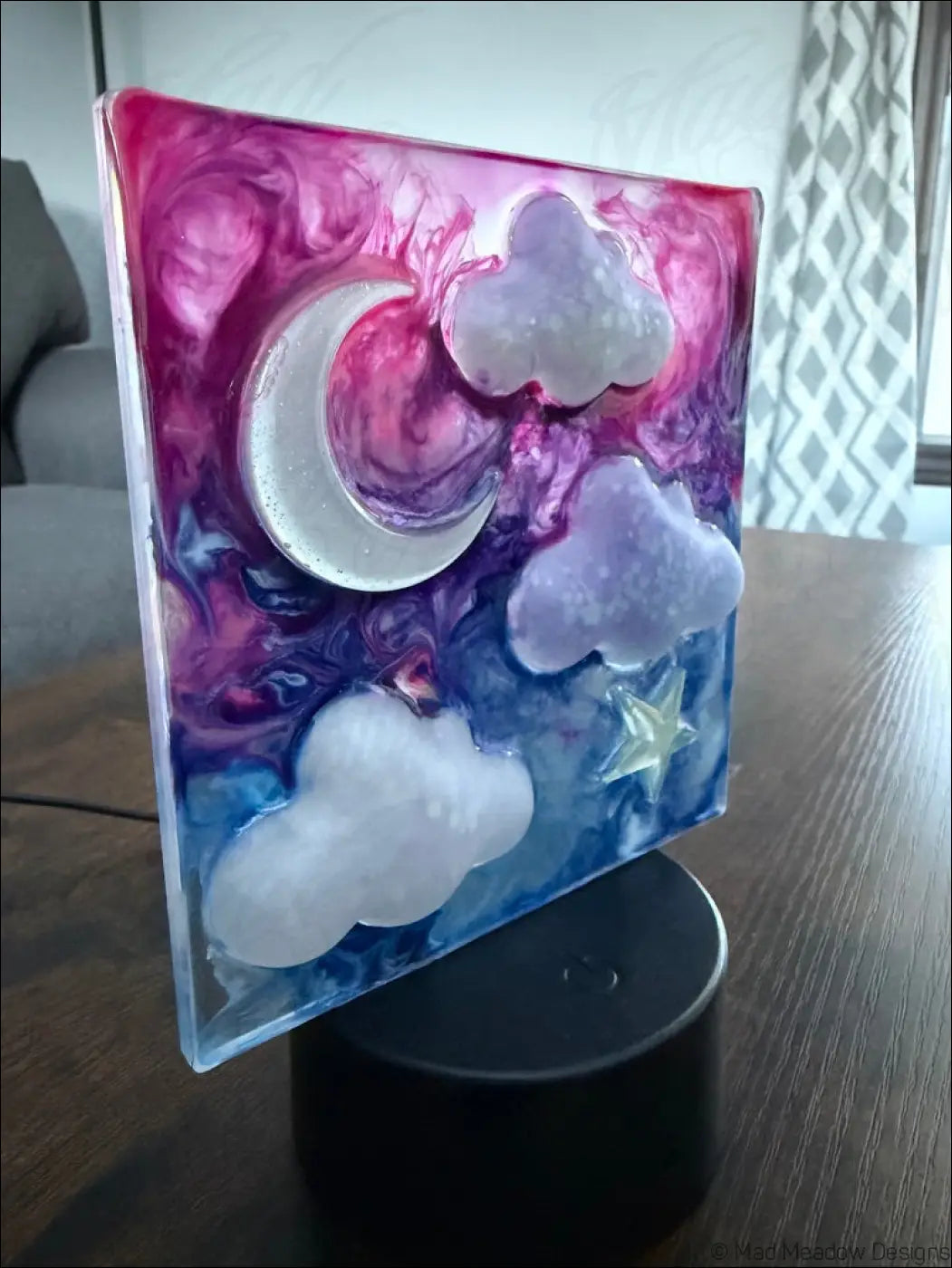 Square Resin Night Sky Nightlight with Glowing Moon and Celestial Scene - Light